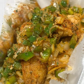 Catfish (Cheesy Grits) w/Grilled Onions & Peppers w/Marinade Sauce