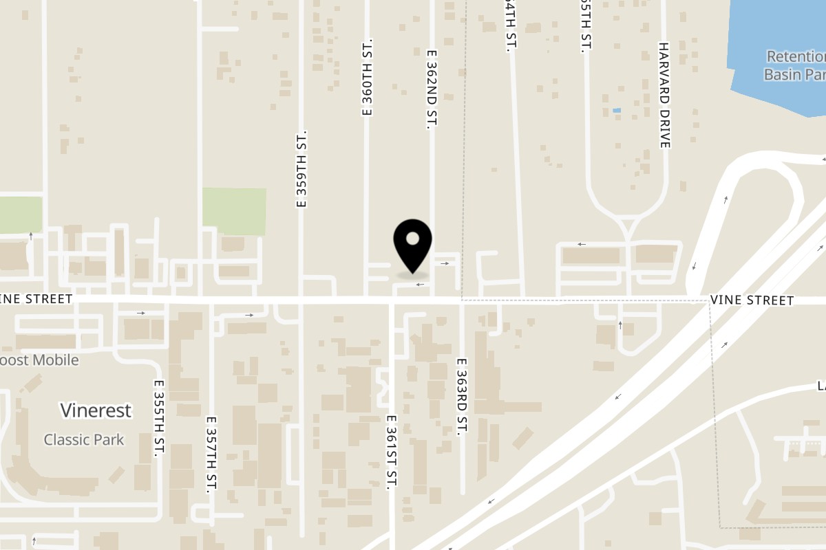 Map showing the location of The Original Fish & Grits on 36161 Vine St in Willowick